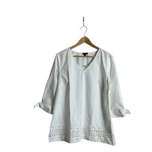 Talbots Medium White Eyelet Trim Cotton Tunic Pullover Shirt NEW‎